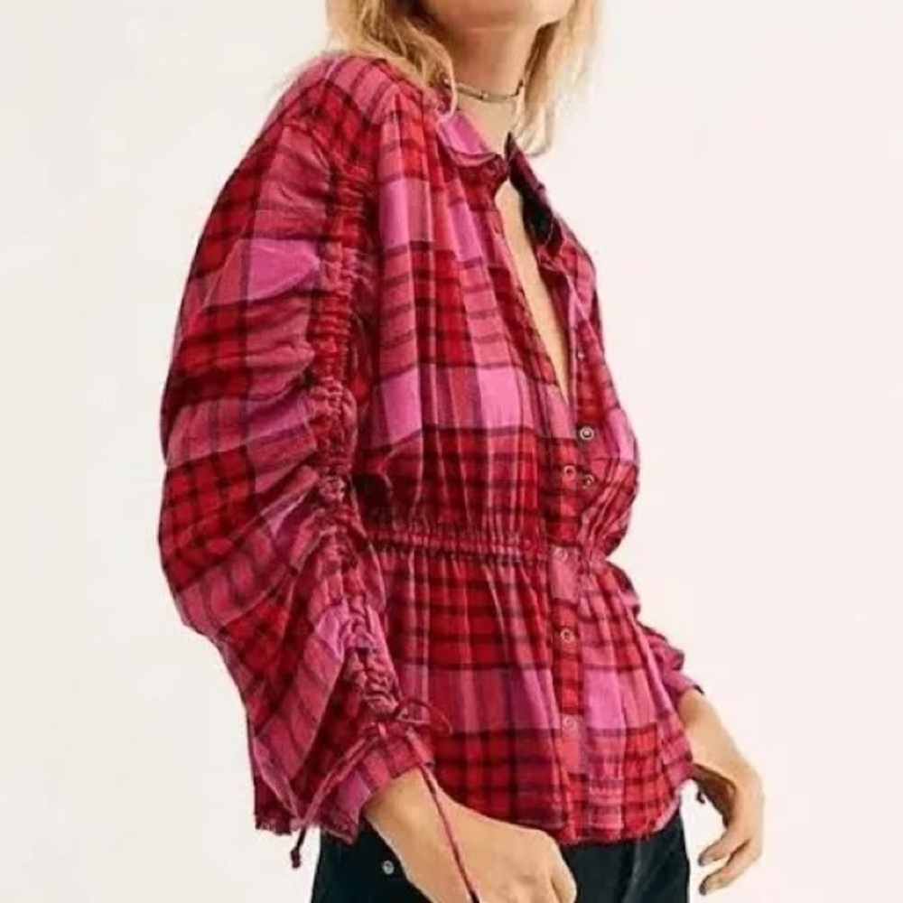 Free People Pink and Red Plaid Button-Down Shirt
